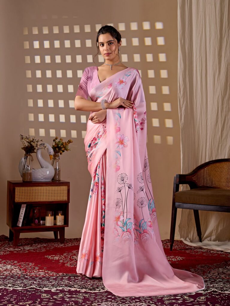 Pink Floral Digital Print Soft Satin Georgette Saree