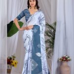White & Steel Blue Geometric Floral Digital Print Soft Satin Georgette Saree
