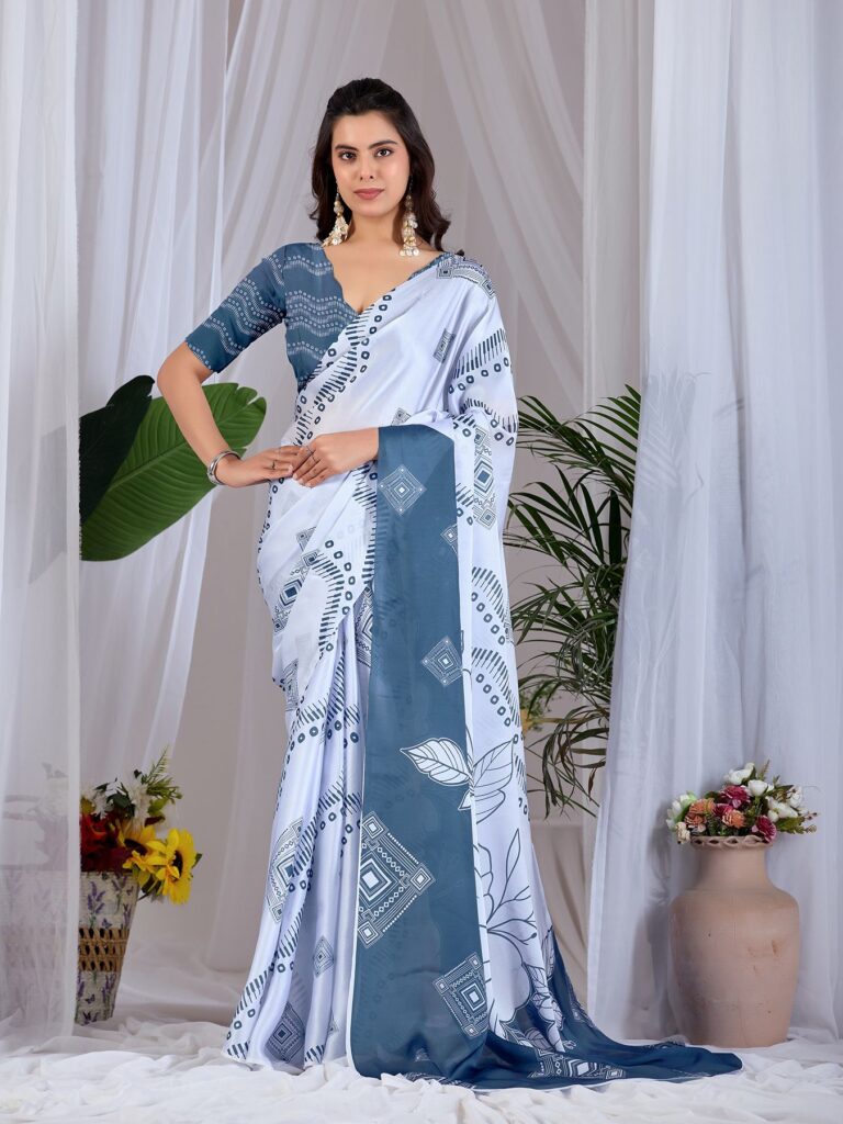 White & Steel Blue Geometric Floral Digital Print Soft Satin Georgette Saree