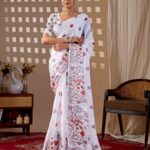 White Abstract Floral Digital Print Soft Satin Georgette Saree