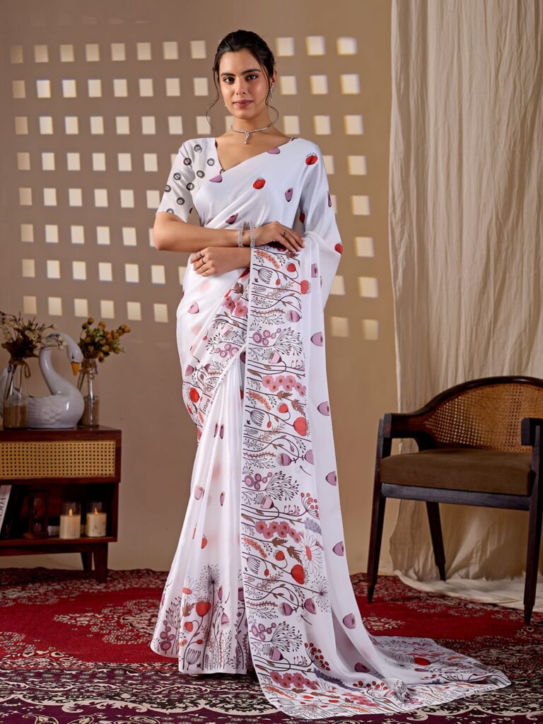 White Abstract Floral Digital Print Soft Satin Georgette Saree