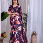 Navy Blue Bold Floral Digital Print Soft Satin Georgette Saree