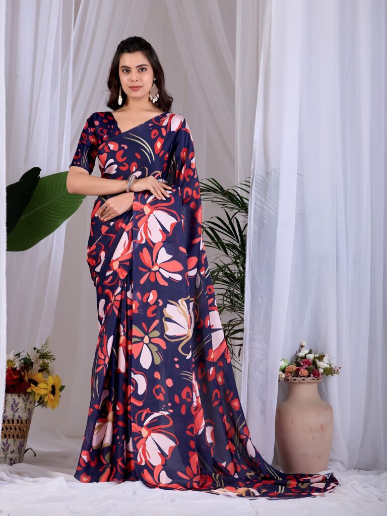 Navy Blue Bold Floral Digital Print Soft Satin Georgette Saree
