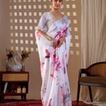 White Soft Floral Digital Print Soft Satin Georgette Saree