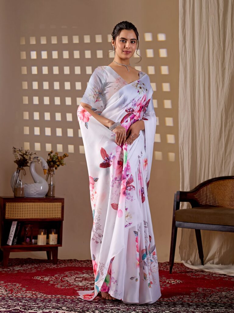 White Soft Floral Digital Print Soft Satin Georgette Saree