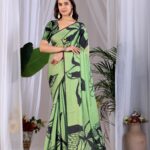 Pista Green Abstract Leaf Digital Print Soft Satin Georgette Saree