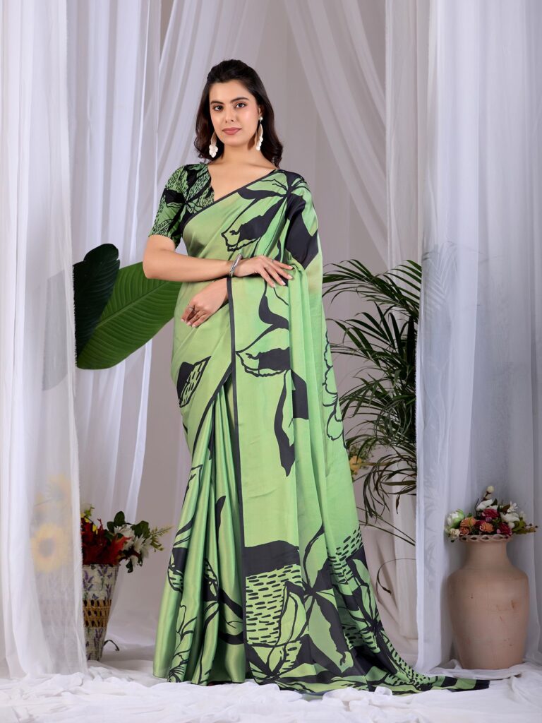 Pista Green Abstract Leaf Digital Print Soft Satin Georgette Saree