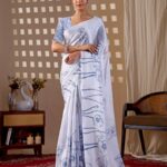 White Minimal Floral Line Print Soft Satin Georgette Saree