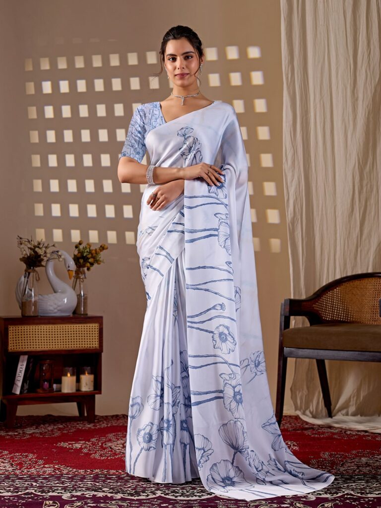 White Minimal Floral Line Print Soft Satin Georgette Saree