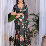 Black Allover Floral Print Soft Satin Georgette Saree