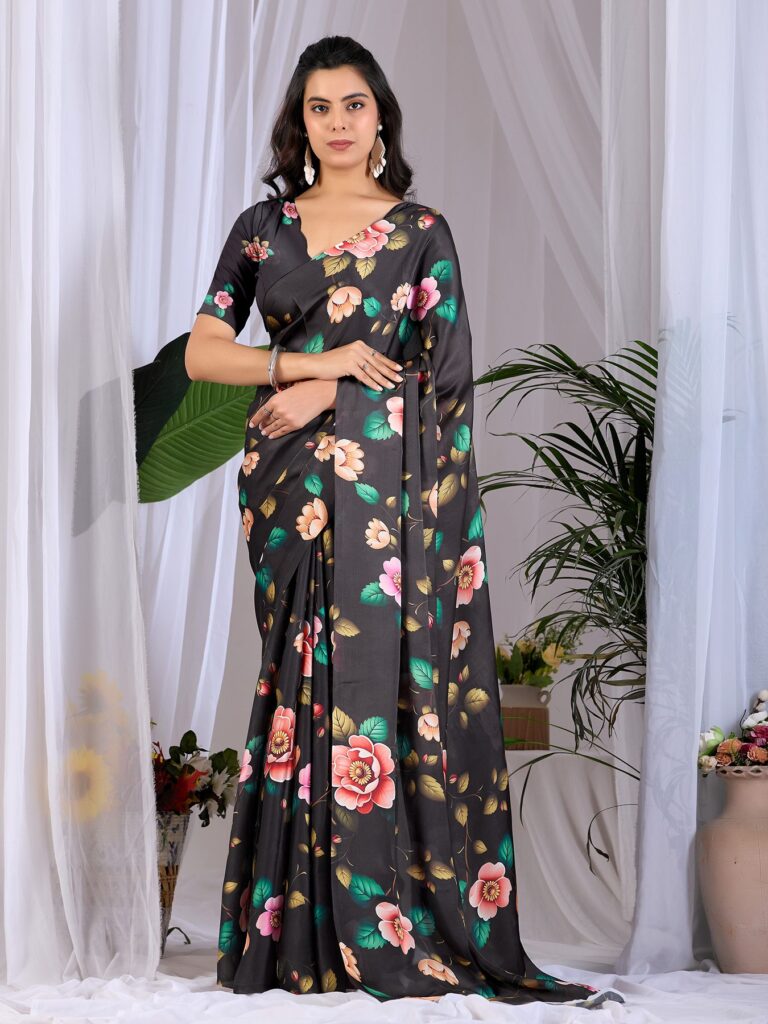 Black Allover Floral Print Soft Satin Georgette Saree