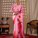 Pink Bold Floral Print Soft Satin Georgette Saree