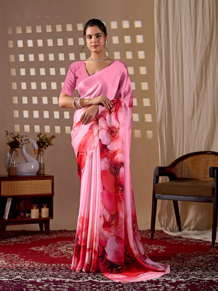 Pink Bold Floral Print Soft Satin Georgette Saree