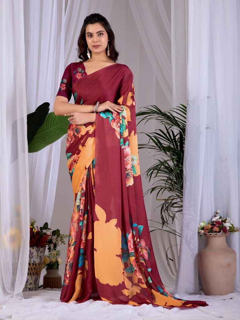 Rosewood Floral Print Soft Satin Georgette Saree