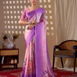 Pink Purple Ombre Floral Print Soft Satin Georgette Saree