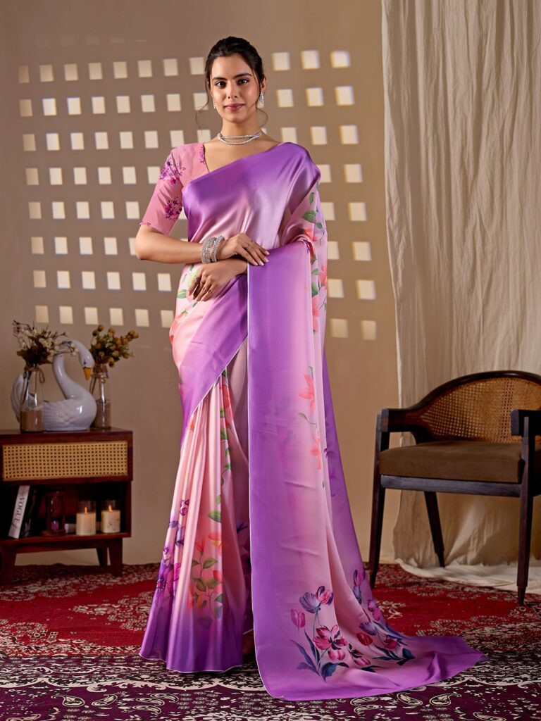 Pink Purple Ombre Floral Print Soft Satin Georgette Saree