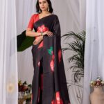 Black Bold Floral Print Soft Satin Georgette Saree