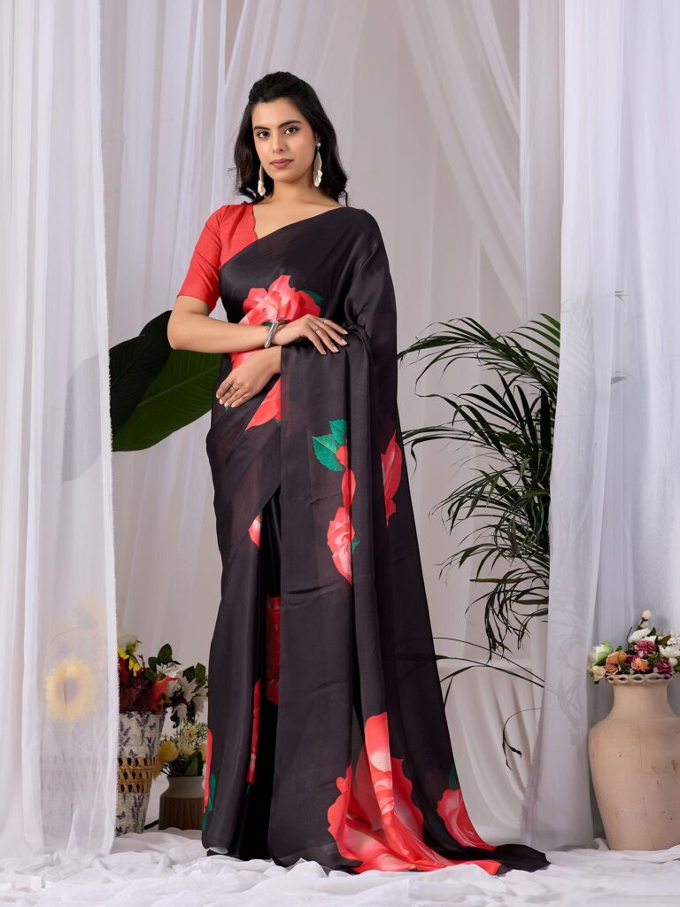 Black Bold Floral Print Soft Satin Georgette Saree