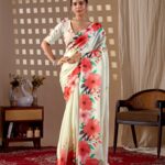 Ivory Large Floral Print Soft Satin Georgette Saree