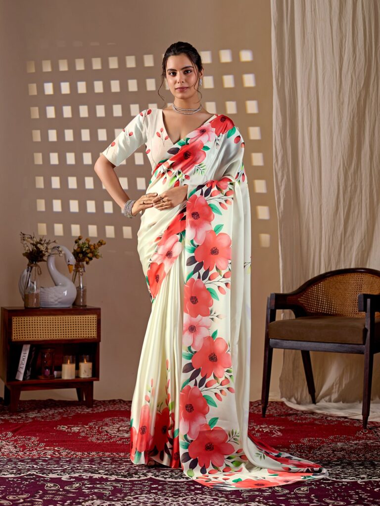 Ivory Large Floral Print Soft Satin Georgette Saree