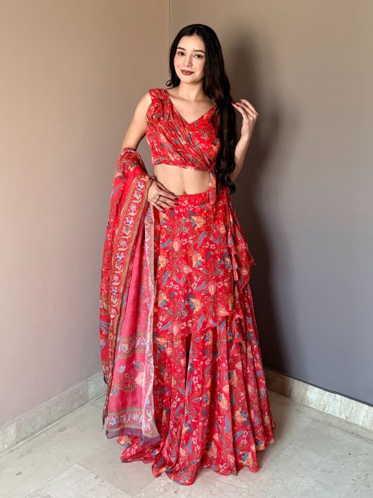 Raspberry Red Floral Printed Lehenga Set