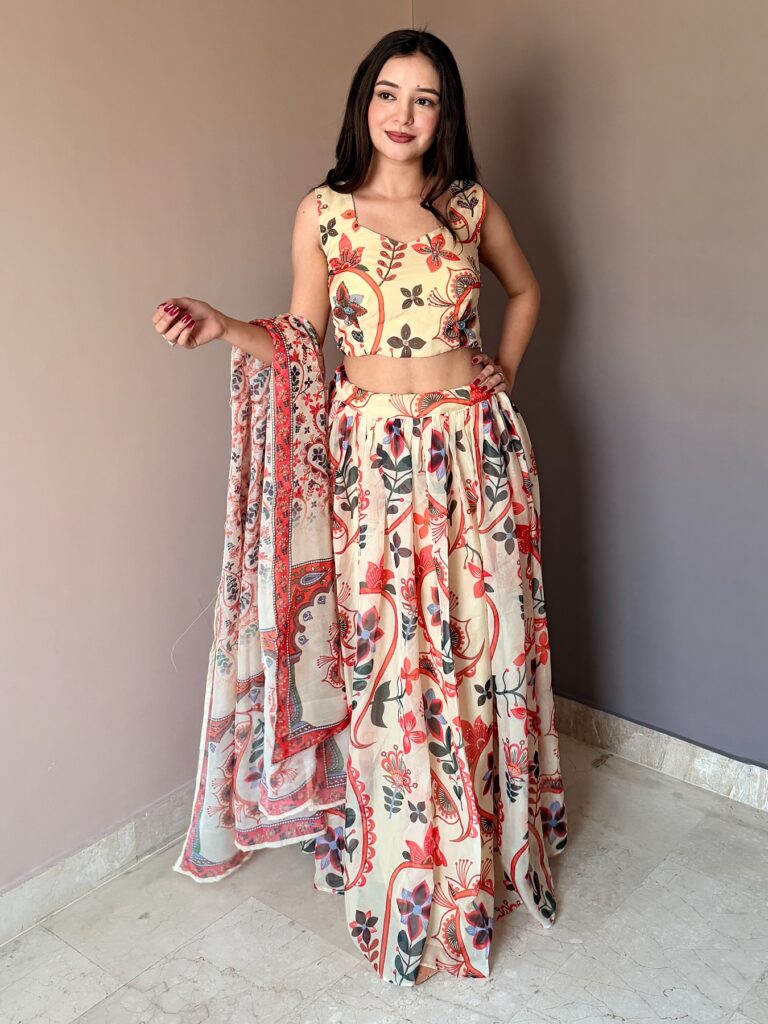 Champagne Floral Printed Lehenga Set