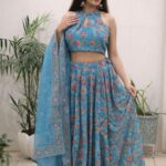 Pastel Blue Floral Printed Lehenga Set