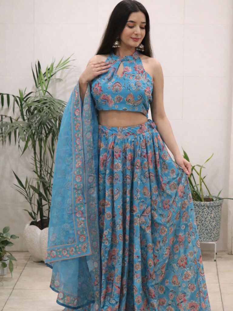 Pastel Blue Floral Printed Lehenga Set