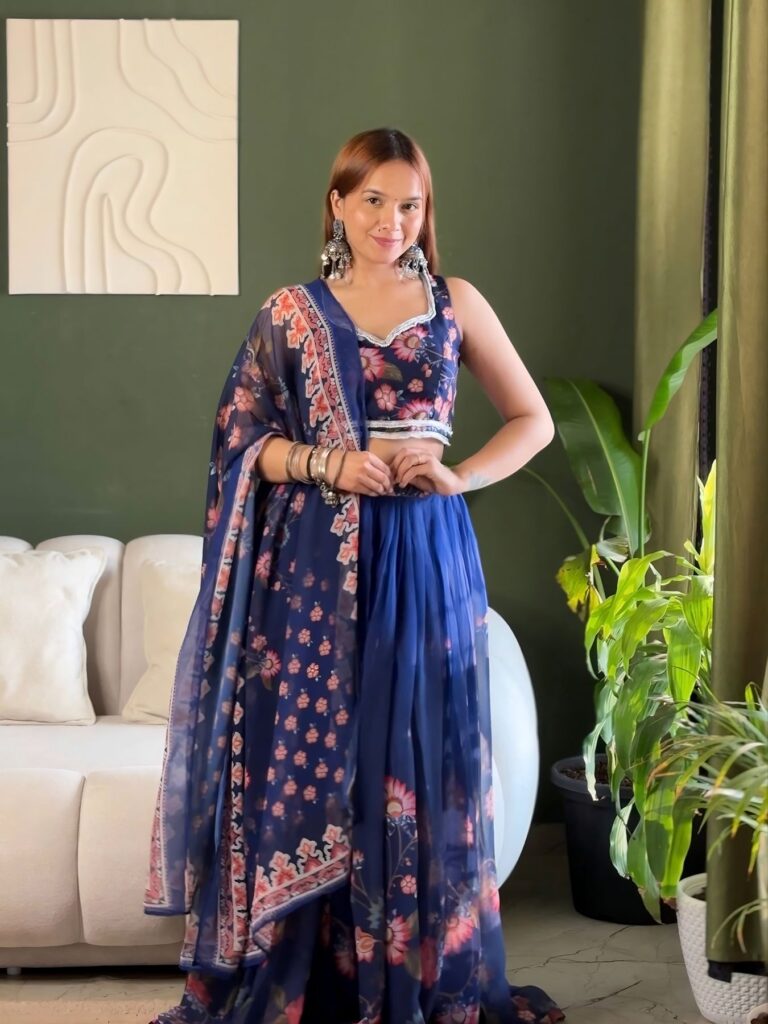 Royal Blue Floral Printed Lehenga Set